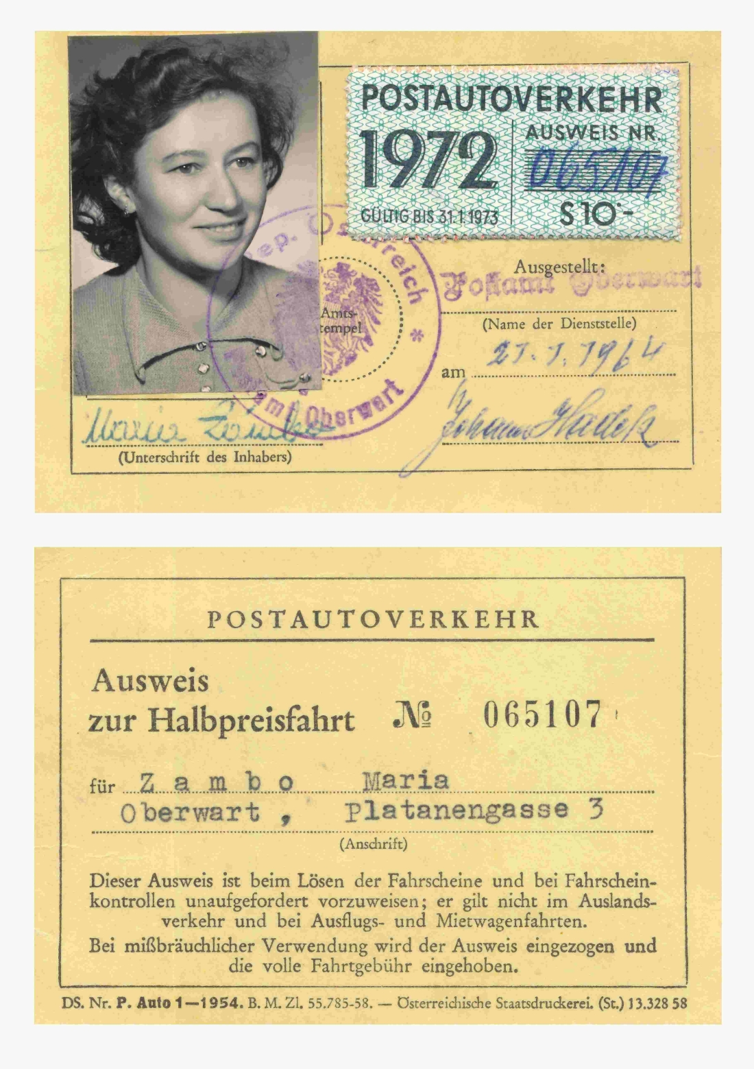 Postautoverkehr - Ausweis zur Halbpreisfahrt von Maria Zambo (geb. Bertha, *1923)