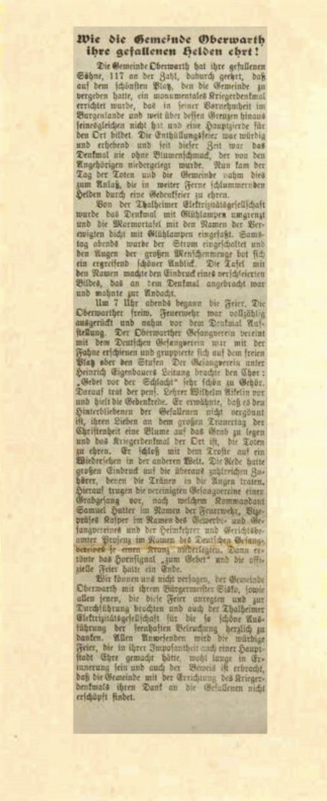 Oberwarther = Sonntagszeitung vom 9. November 1924: ausführlicher Artikel über die 1. Heldenehrung (Heldengedenkfeier/Friedensfeier) vor dem neuerrichteten Oberwarter Kriegerdenkmal