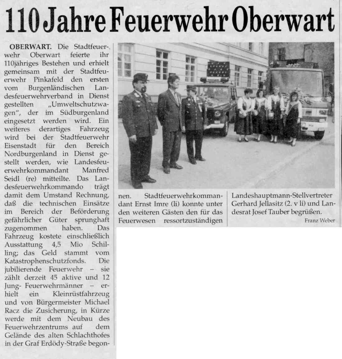Stadtfeuerwehr: Artikel "110 Jahre FF Oberwart: Übergabe eines Umweltwagens"