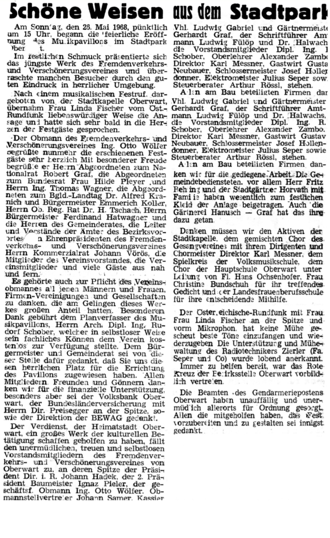 Musikpavillon im Stadtpark: Artikel zur Eröffnung am 28. Mai 1968