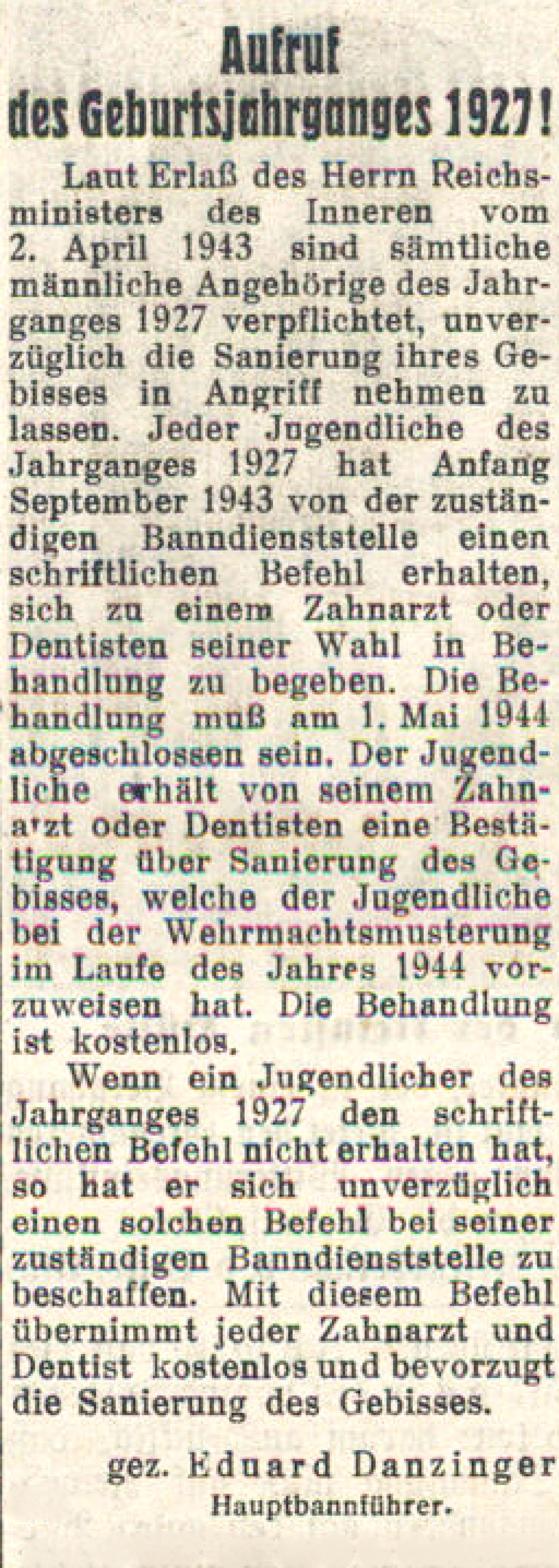 Aufruf in der Oberwarther Sonntags = Zeitung vom 19. September 1943 zur Gebisssanierung für den JG. 1927