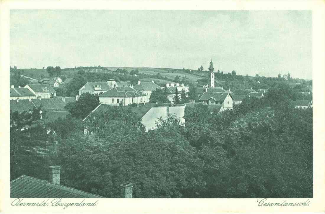 Ansichtskarte: Blick vom Turm der evang. Kirche auf das Zentrum und die kath. Kirche