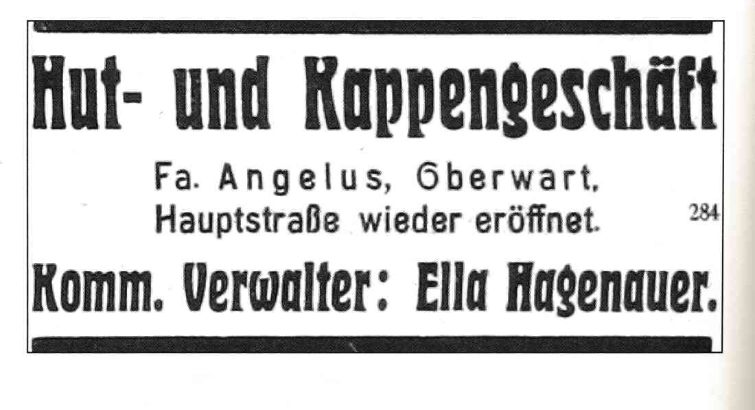 Inserat "Hut- und Kappengeschäft - Fa. Angelus / Hagenauer in der Oberwarther Sonntags-Zeitung  vom 31. August 1938 - Arisierung