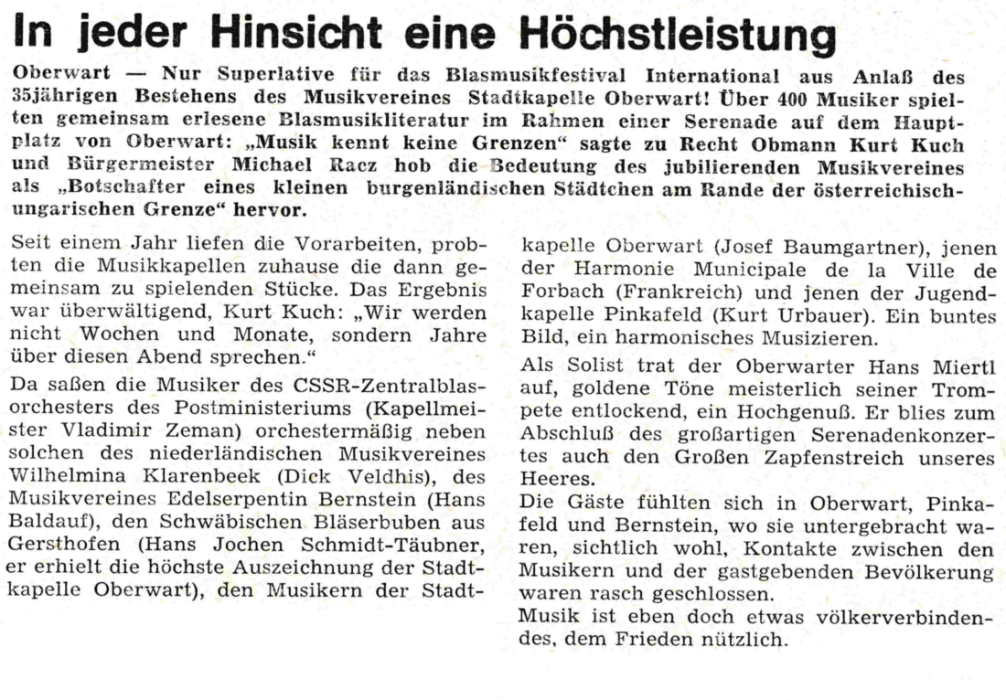 Stadtkapelle: Artikel anlässlich des Blasmusikfestes International 1986