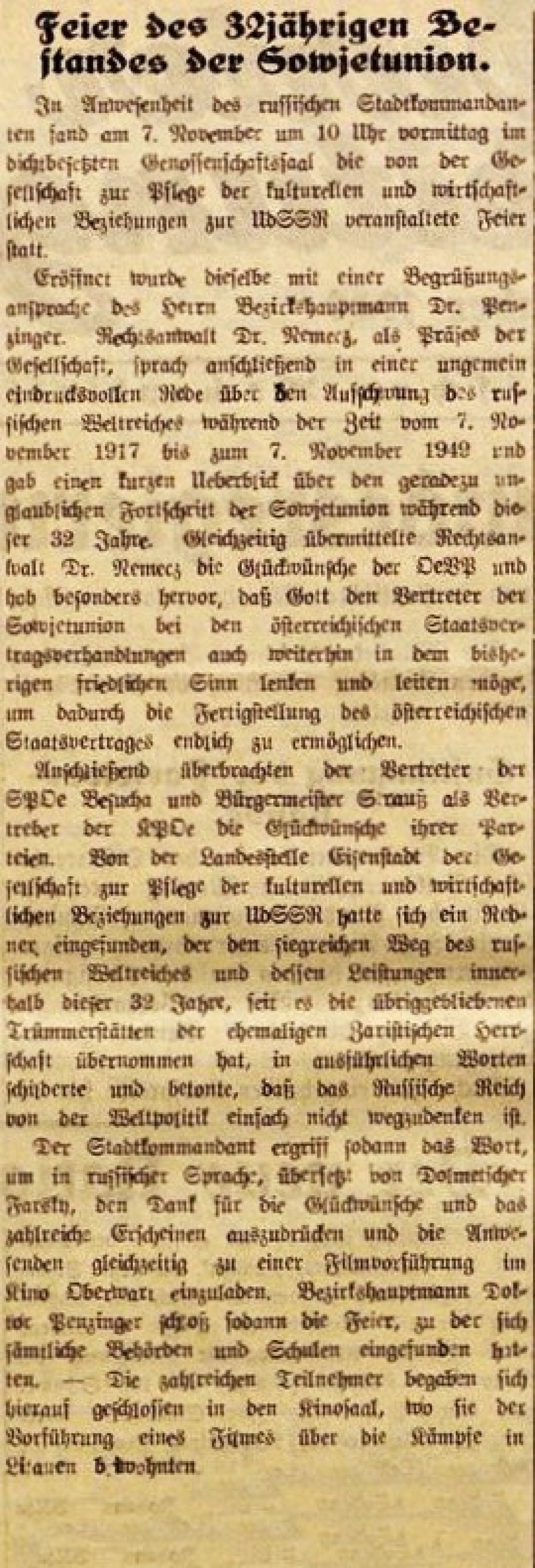 Oberwarter Zeitung vom 13. November 1949: Bericht zur Feier des 72jährigen Bestandes der Sowjetunion im Genossenschaftssaal
