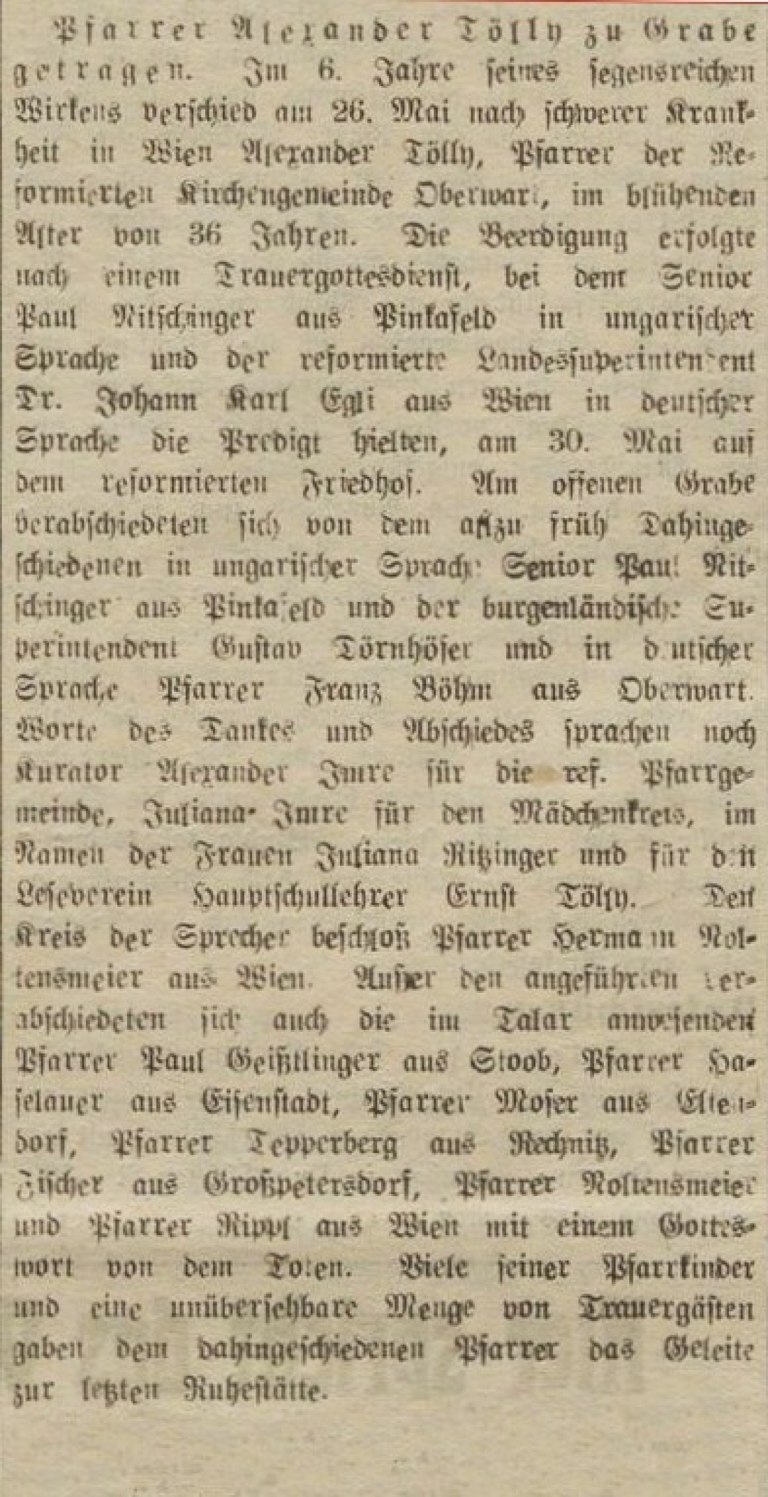 Oberwarter Zeitung vom 10. Juni 1951: Artikel zum Ableben und Begräbnis des ref. Pfarrers Alexander Tölly