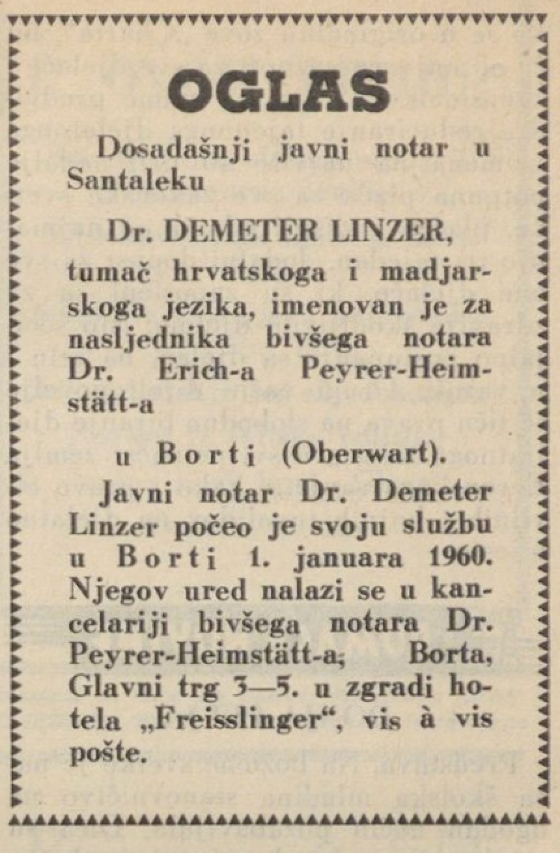 Anzeige am 16. Jänner 1960 in der Zeitung Hrvatske Novine zur Übernahme der Norariatskanzlei von Dr. Peyrer-Heimstätt durch Dr. Demeter Linzer in kroatischer Sprache