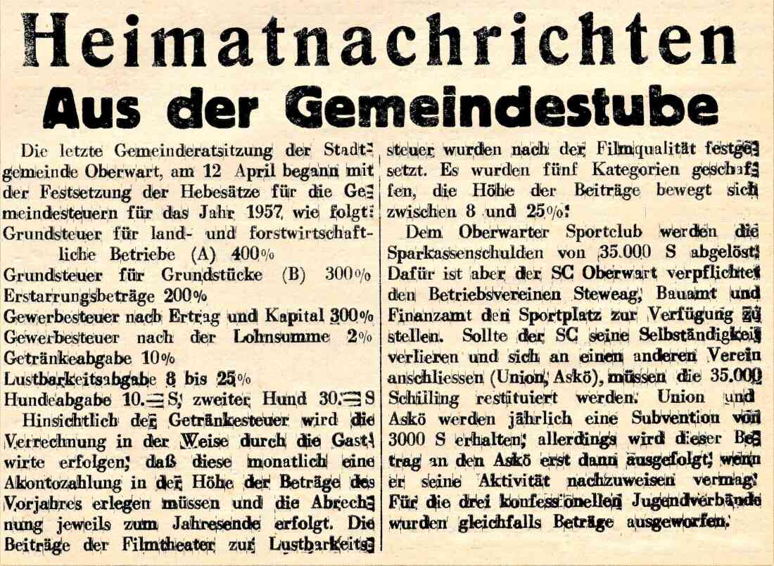 Bericht über die Gemeinderatssitzung vom 12. April 1957 in der Oberwarter Zeitung (später OZ)