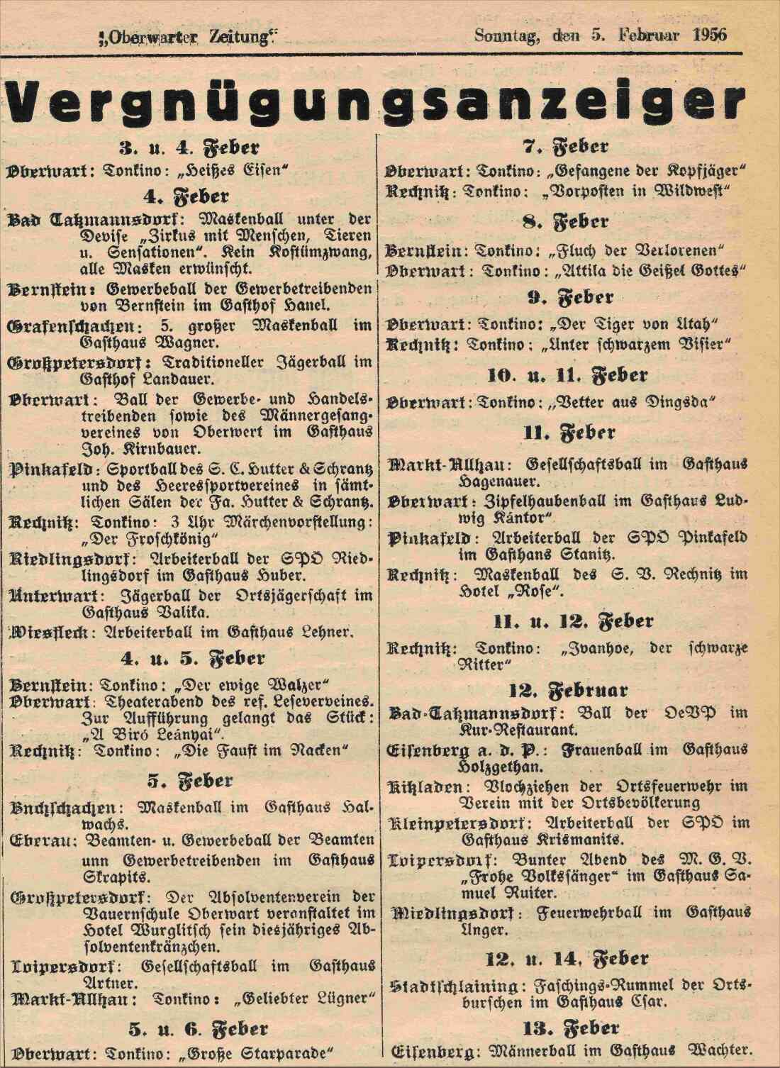 Oberwarter Zeitung: Vergnügungsanzeiger für Oberwart und den Bezirk vom 5. Feber 1956