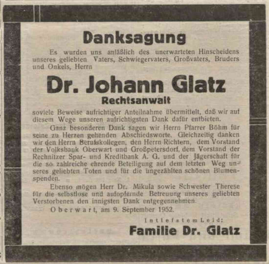 Danksagung anlässlich des Ablebens von Rechtsanwalt Dr. Josef Glatz (*1880/+1952) in der Oberwartr Zeitung vom 14. September 1952