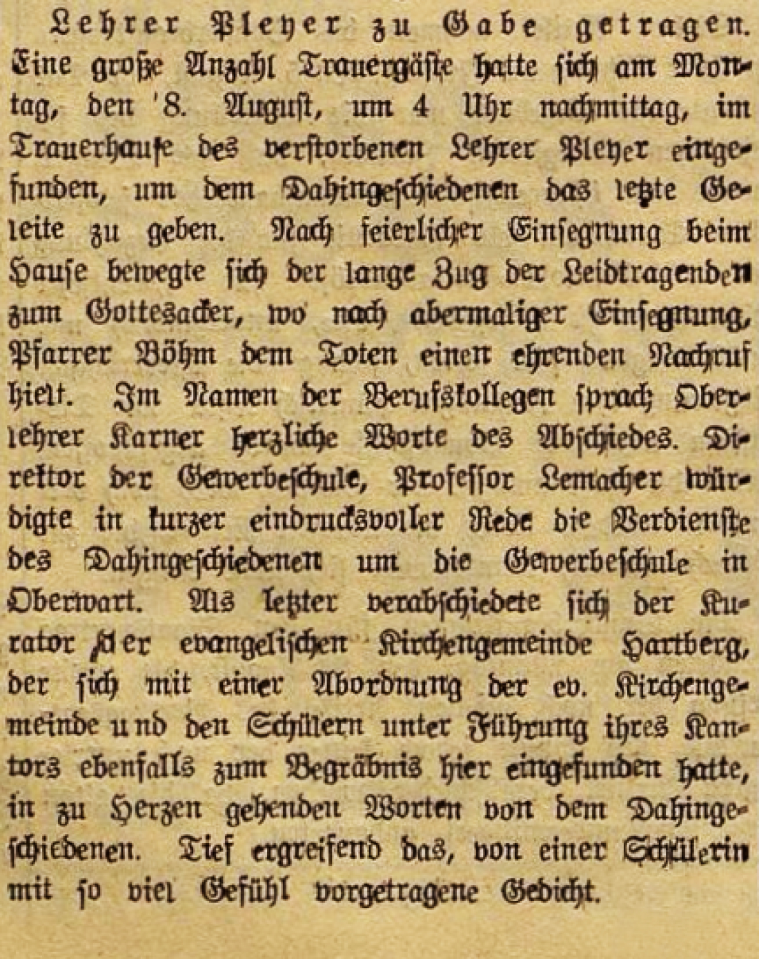 Bericht in der Oberwarter Zeitung vom 14. August 1949 zum Tod von Lehrer Josef Pleyer (*1896/+1949)