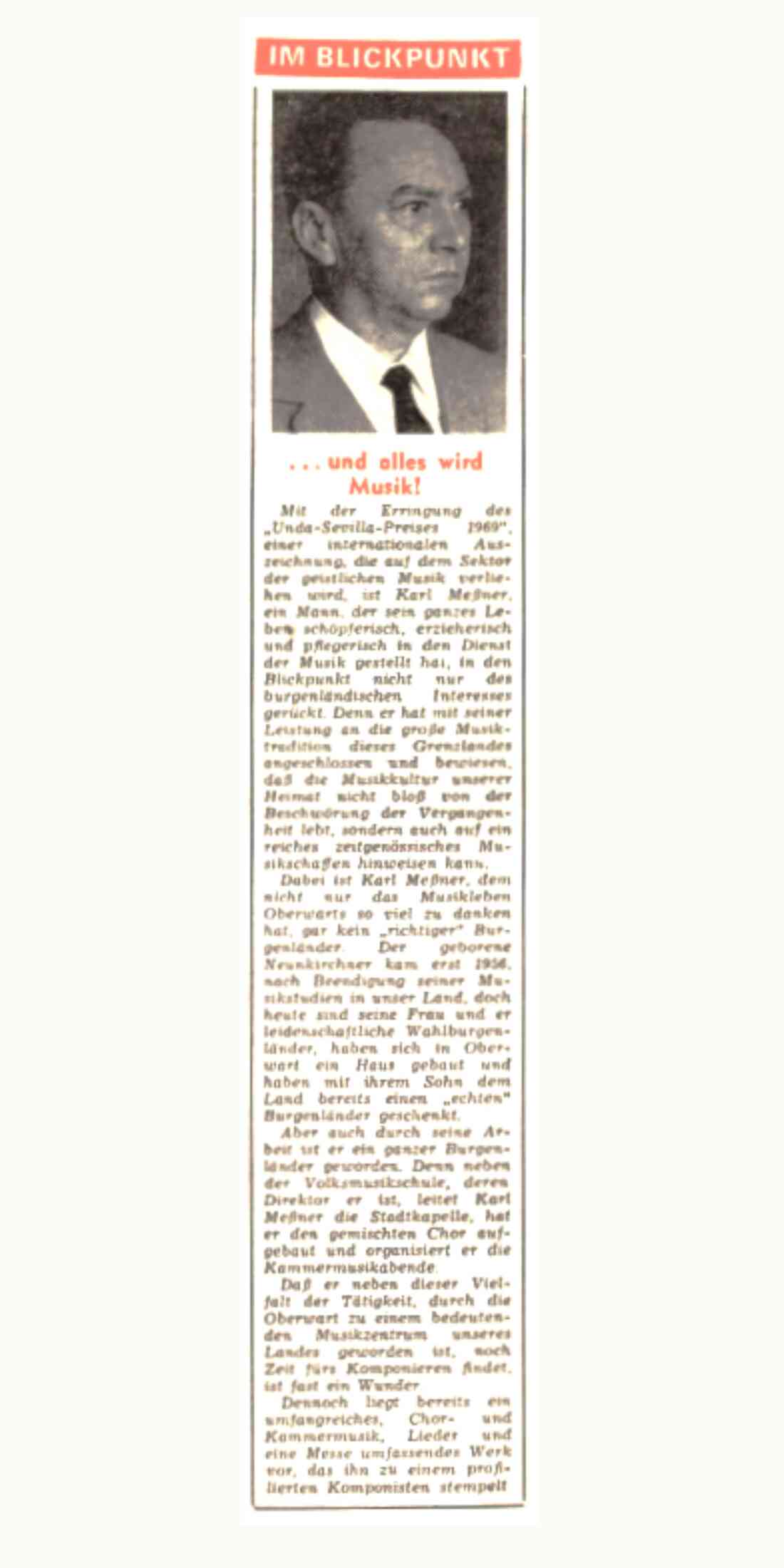 Artikl in der BF vom 22. Mai 1969 zum Gewinn eines Kompositionspreises von Karl Messner - "Unda-Sevilla-Preis 1969"