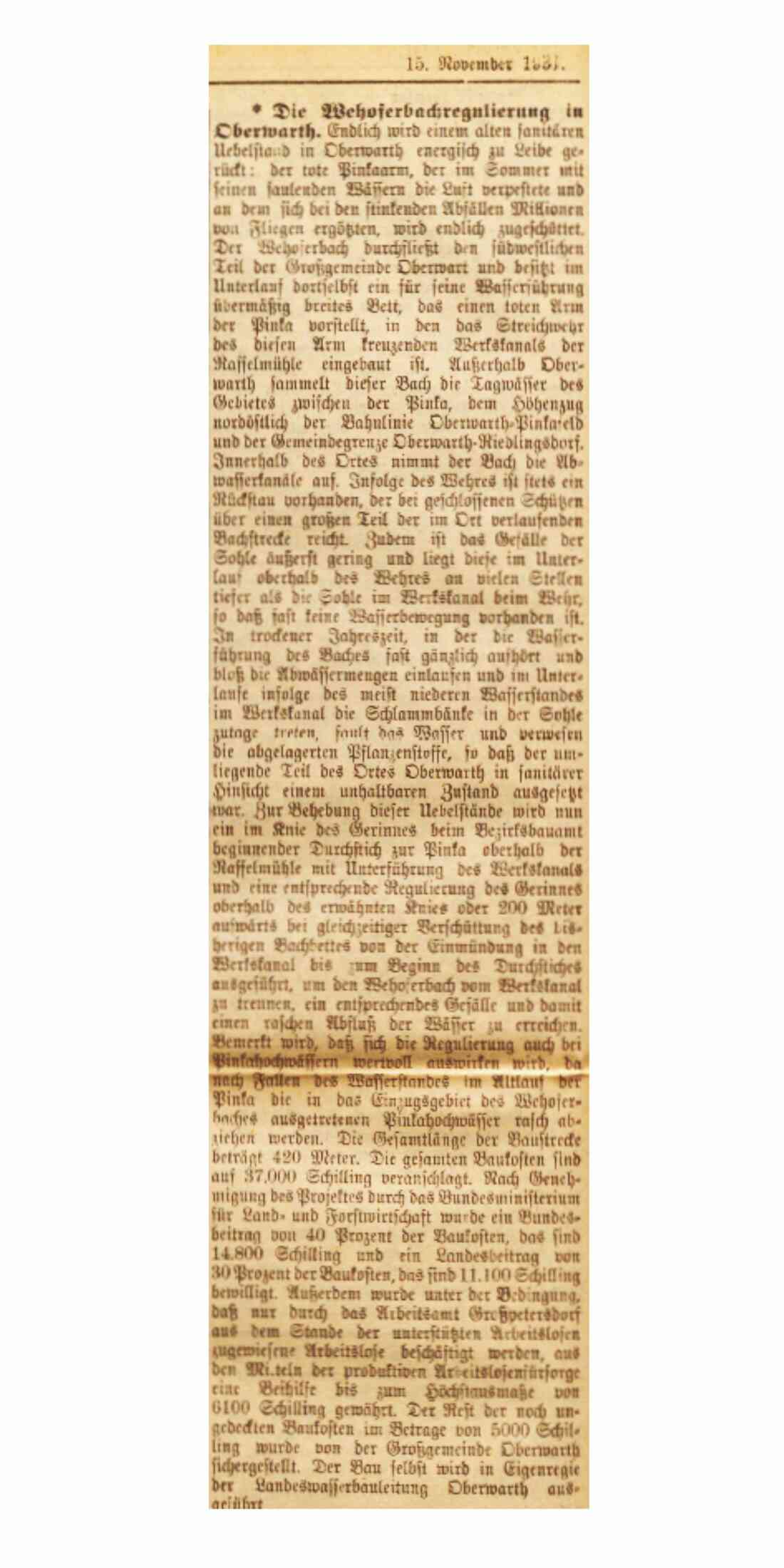 Oberwarther Sonntags = Zeitung: Artikel zur geplanten Wehoferbachregulierung 1931