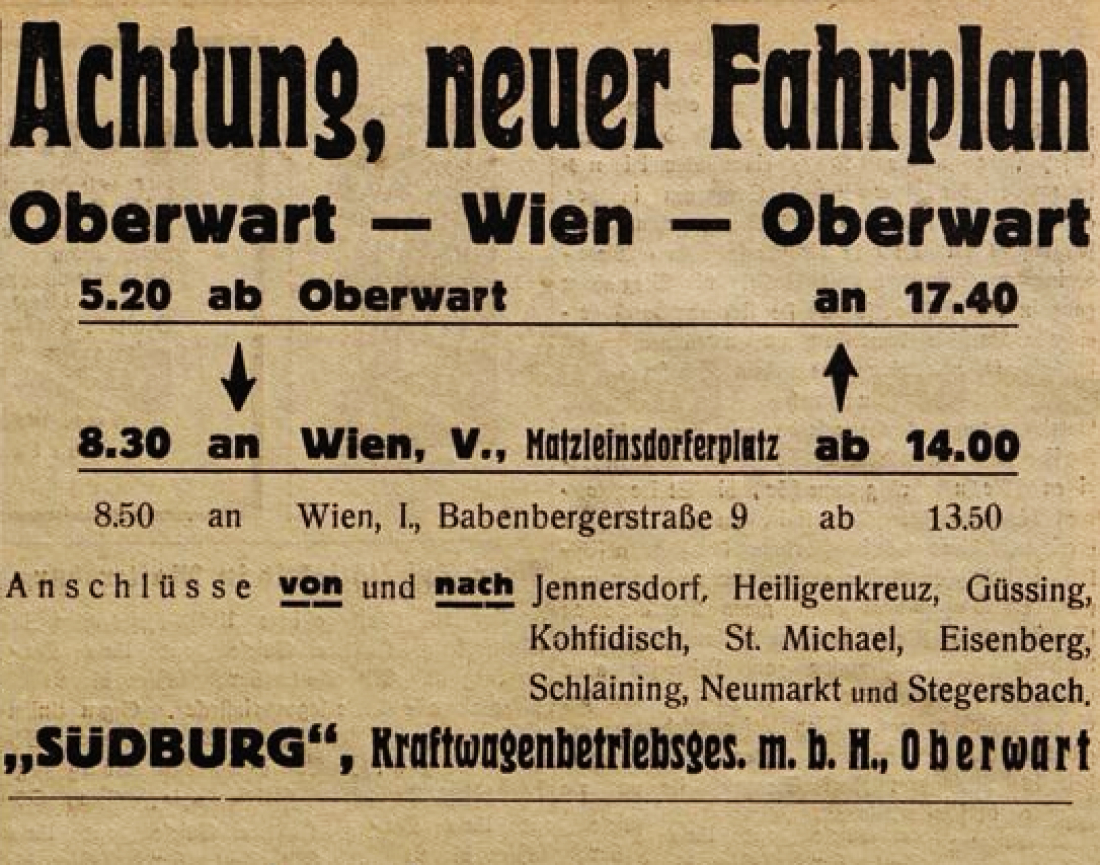 Oberwarter Zeitung vom 4. Juni 1950: Neuer Fahrplan der Südburg von und nach Wien