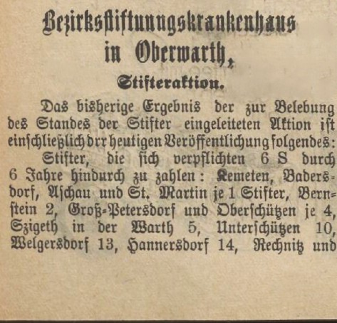 Oberwarther Sonntags-Zeitung vom 17. Mai 1925: Bezirksstiftungskrankenhaus Oberwart, Stifteraktion