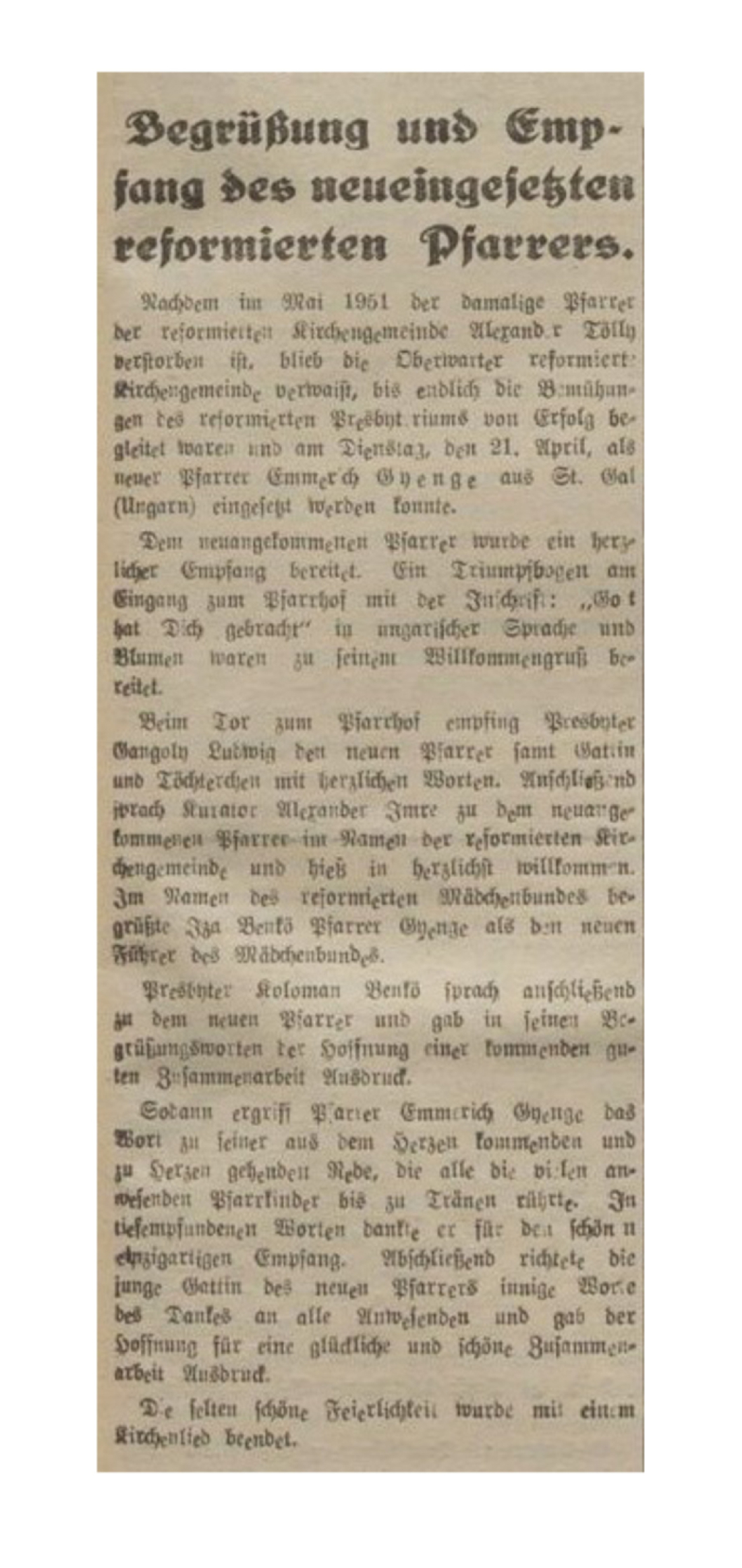 Oberwarter Zeitung vom 3. Mai 1953: Begrüßung und Empfang des neueingesetzten reformierten Pfarrers (Emmerich Gyenge)