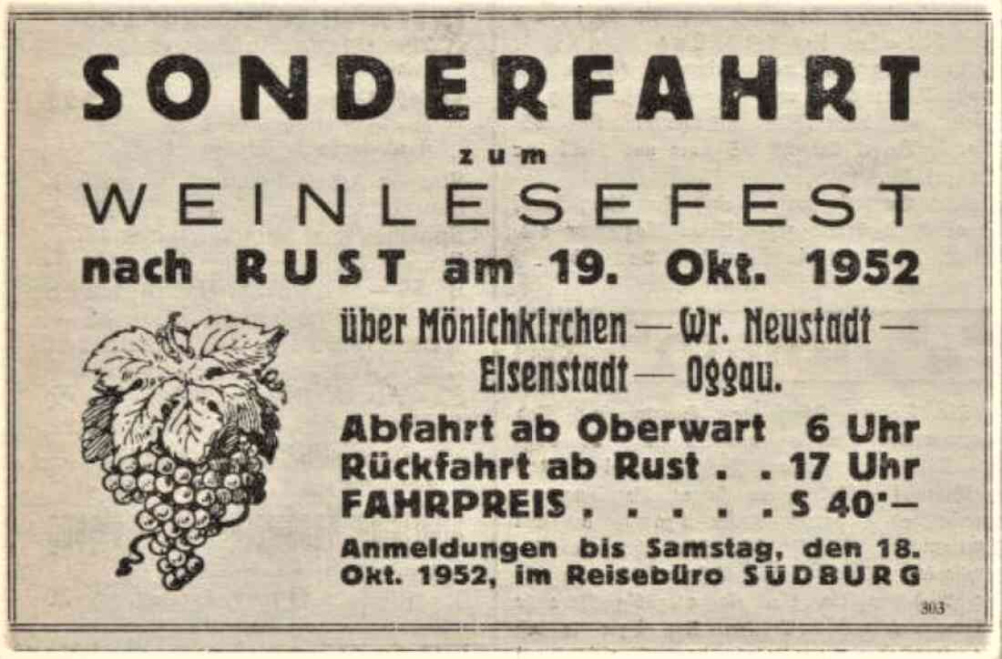 Südburg: Werbeeinschaltung in der Oberwarter Zeitung vom 12. Oktober 1952 "Weinlesefest in Rust"