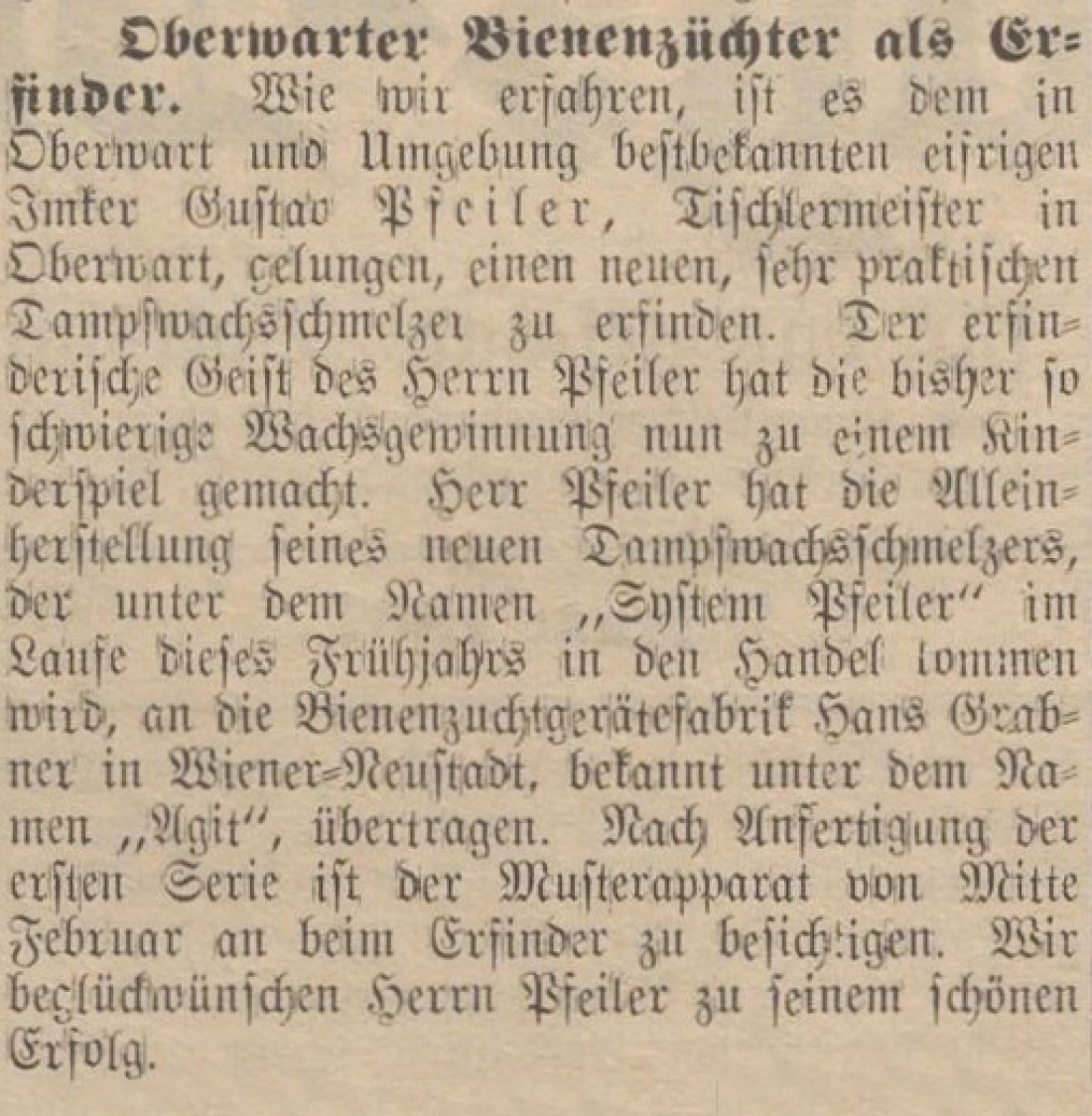 Oberwarther Sonntags = Zeitung vom 28. Feber 1937: Gustav Pfeiler als Erfinder