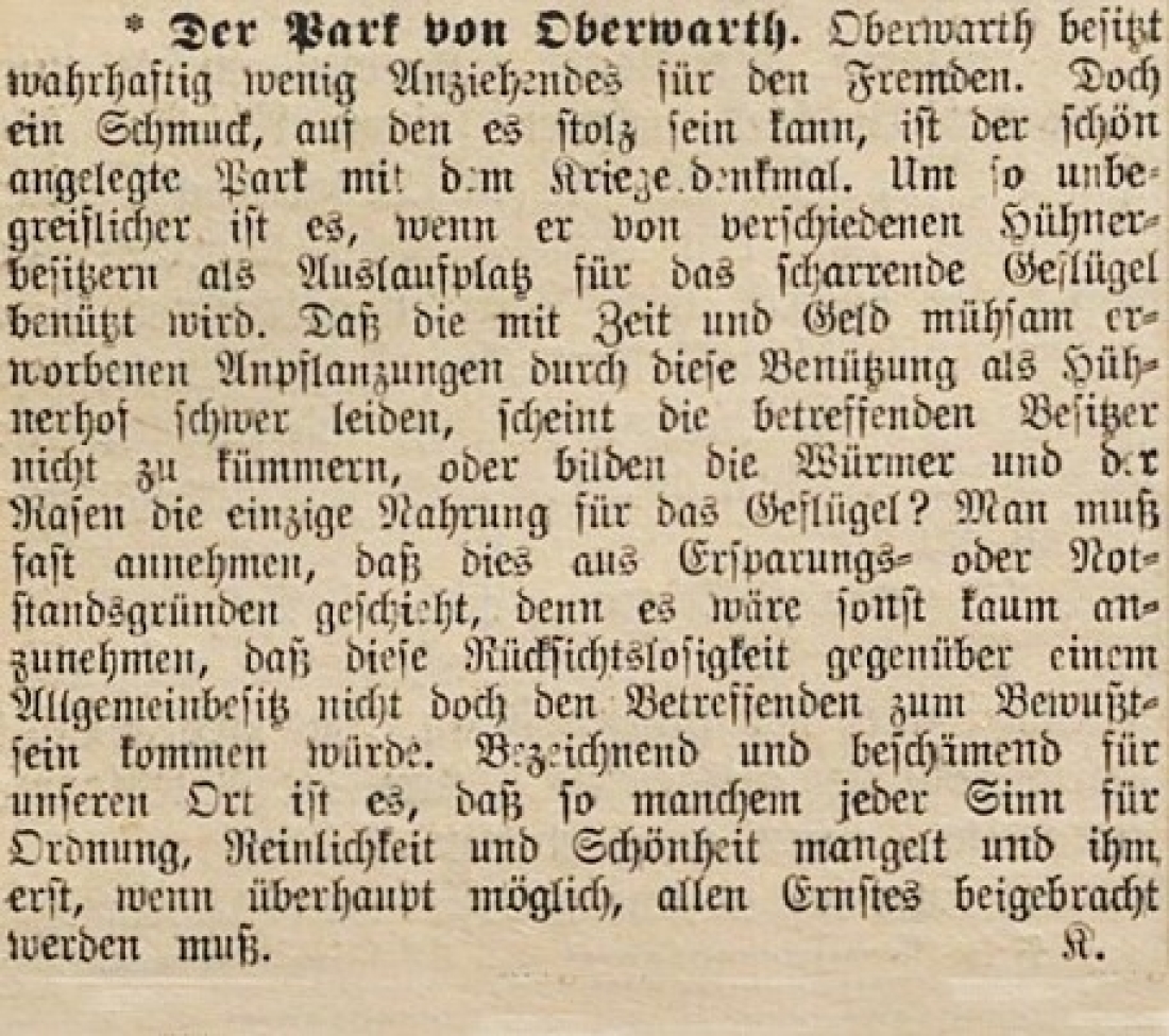 Artikel in der Oberwarther Sonntags = Zeitung vom 6. September 1931: die missbräuchliche Nutzung des Parks durch Hühner