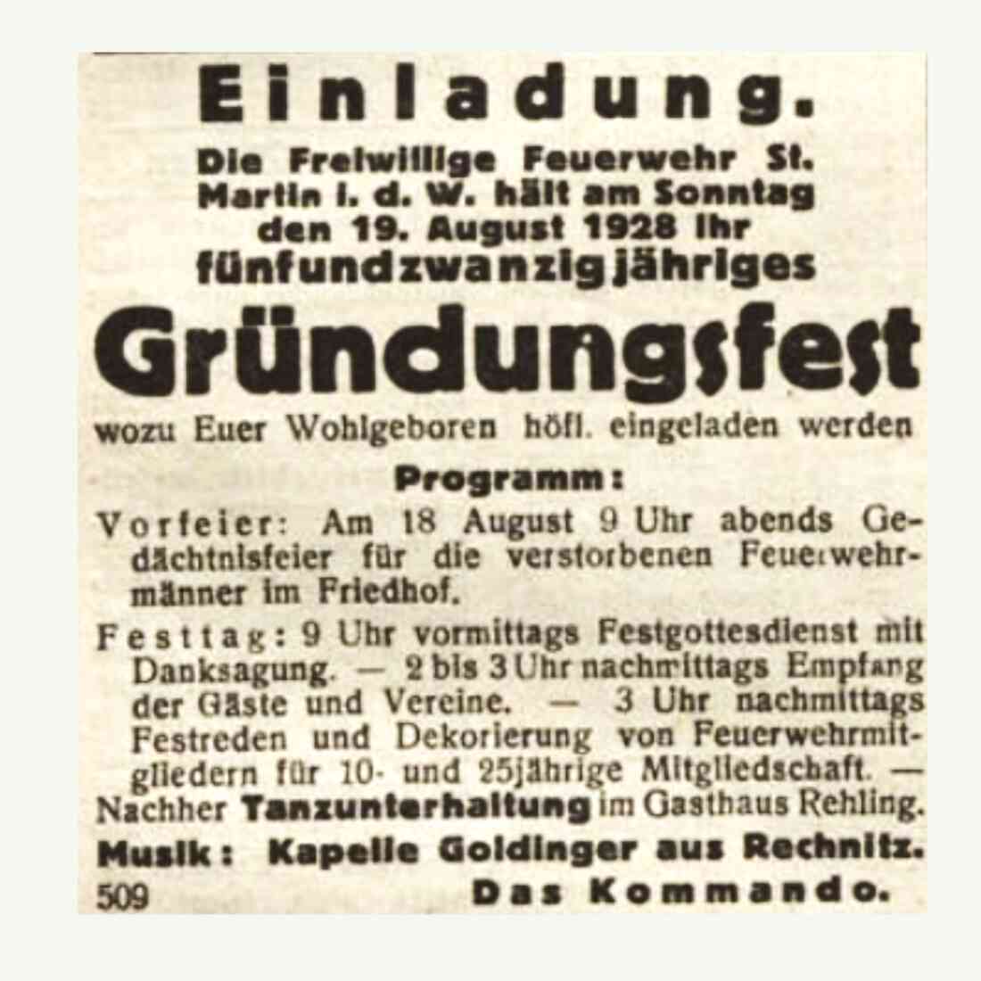 St. Martin: Einladung zum 25-jährigen Gründungsfest der Freiwilligen Feuerwehr in der Oberwarther Sonntagszeitung vom 5. August 1928