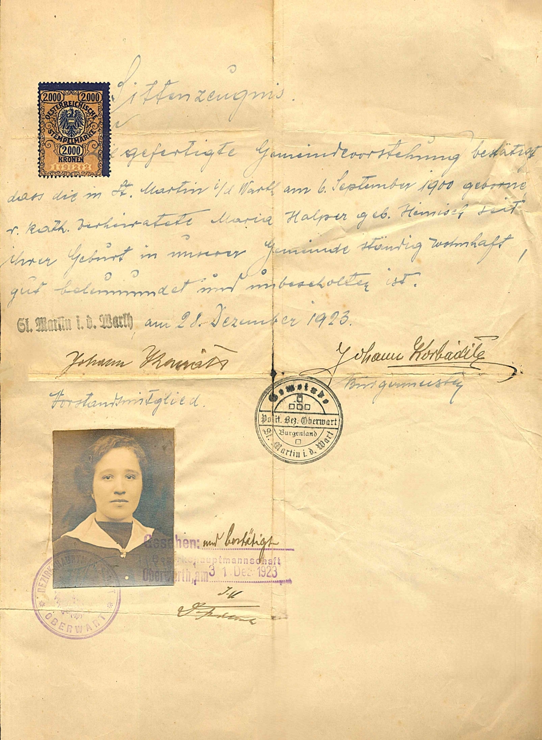 St. Martin: Sittenzeugnis - Maria Halper (geb. Heinisch, *1900/+1955)