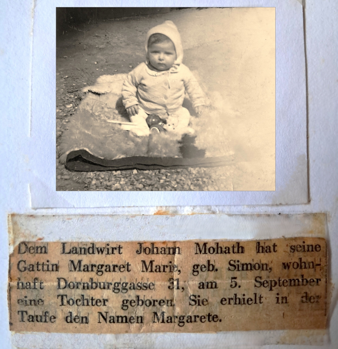Zeitungsausschnitt der Geburtsanzeige von Margarete Mohat (verh. Imre; Dornburggasse 31) vom September 1960