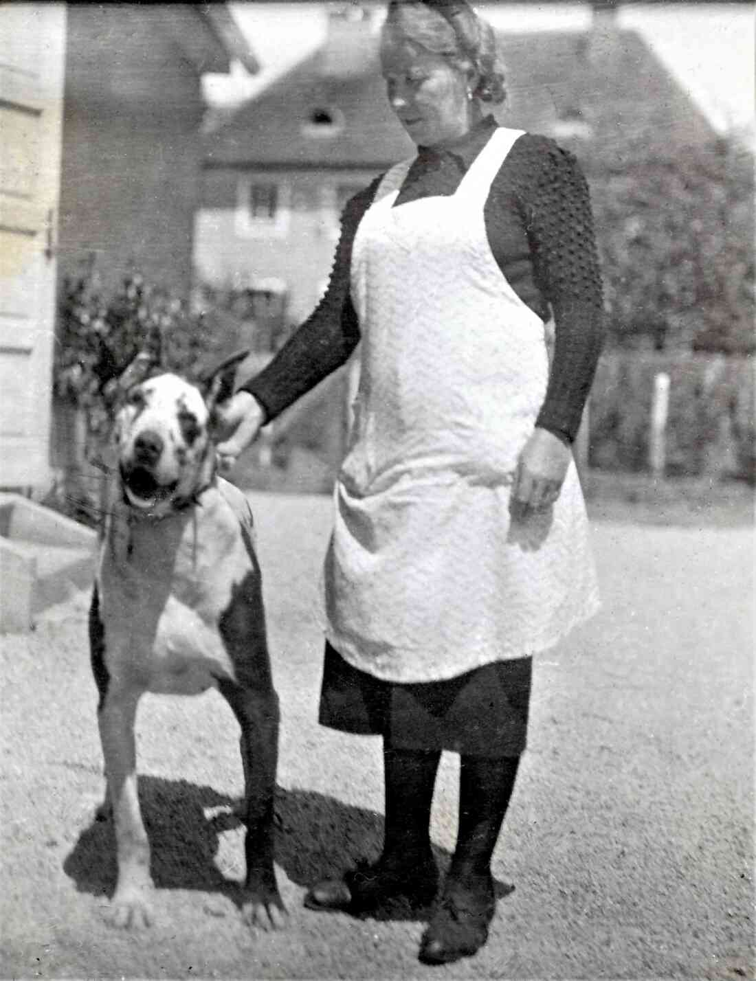 Anna Blach (geb. Brandstätter, *1897 / +1986) mit dem "Fleischerhund" im Hof des Hauses Hauptplatz 7