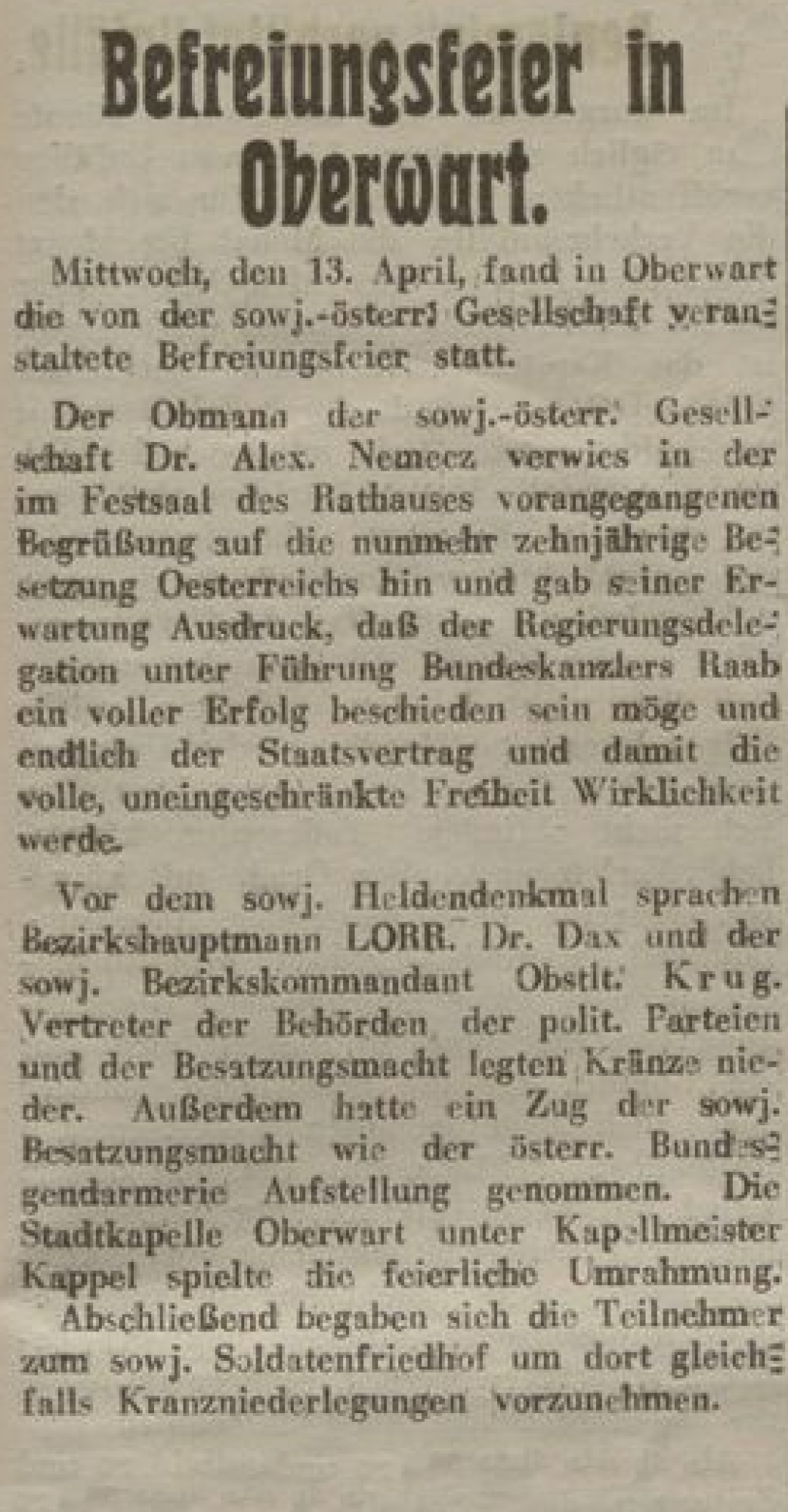Kurzer Bericht in der Oberwarter Zeitung vom 17. April 1945: "Befreiungsfeier in Oberwart"