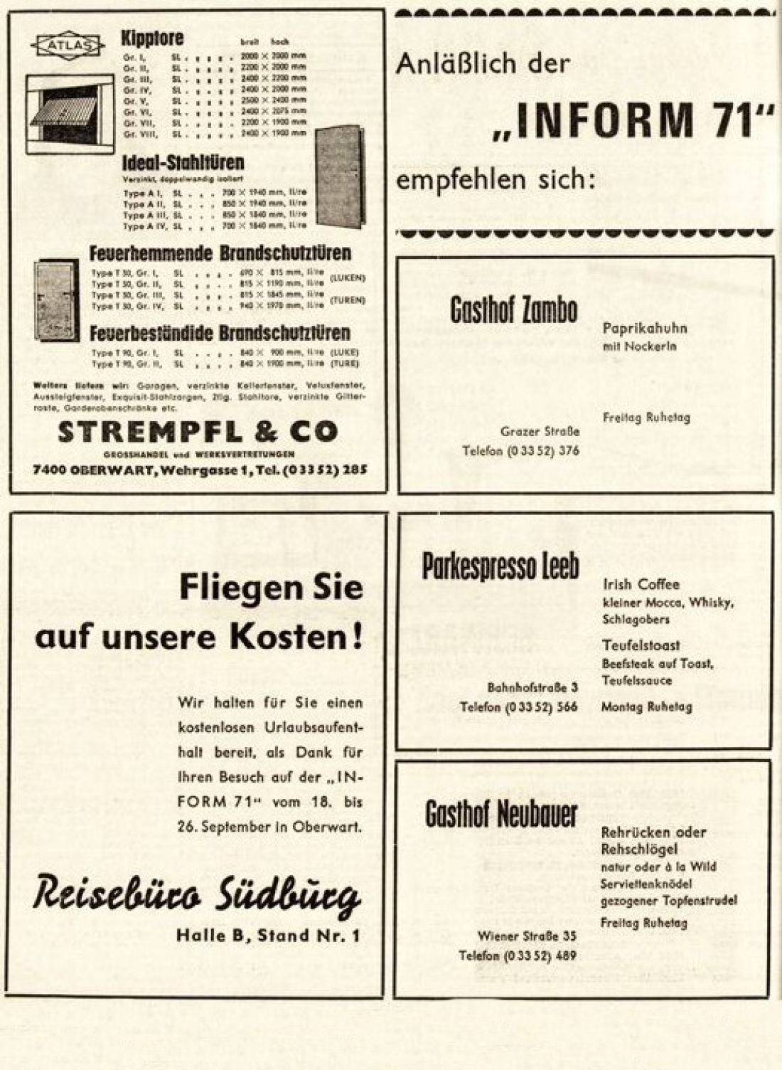 Inserate in der BF vom 16. September 1971 anlässlich der 1. Inform