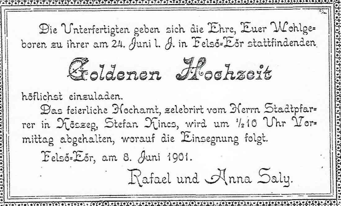 Einladungskarte Goldene Hochzeit Rafael Saly (*1828 / +1914) und Anna Osvald (*1834 / +1912)