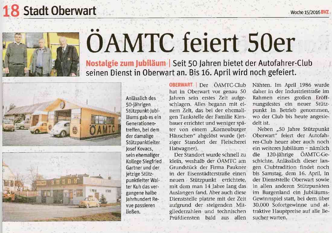 ÖAMTC: Artikel in der BVZ anlässlich 50 Jahre Stützpunkt Oberwart