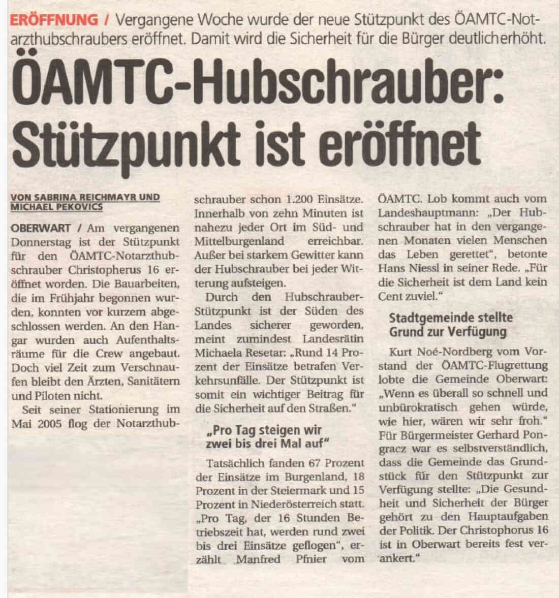 Artikel zur Eröffnung des Stützpunkts für den ÖAMTC-Rettungshubschrauber Christophorus 16 - Am Flugfeld 21