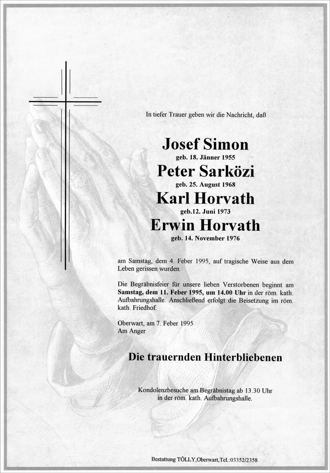 Partezettel der vier beim Romaattentat getöteten jungen Männer: Josef Simon, Peter Sarkösi, Karl Horvath und Erwin Horvath