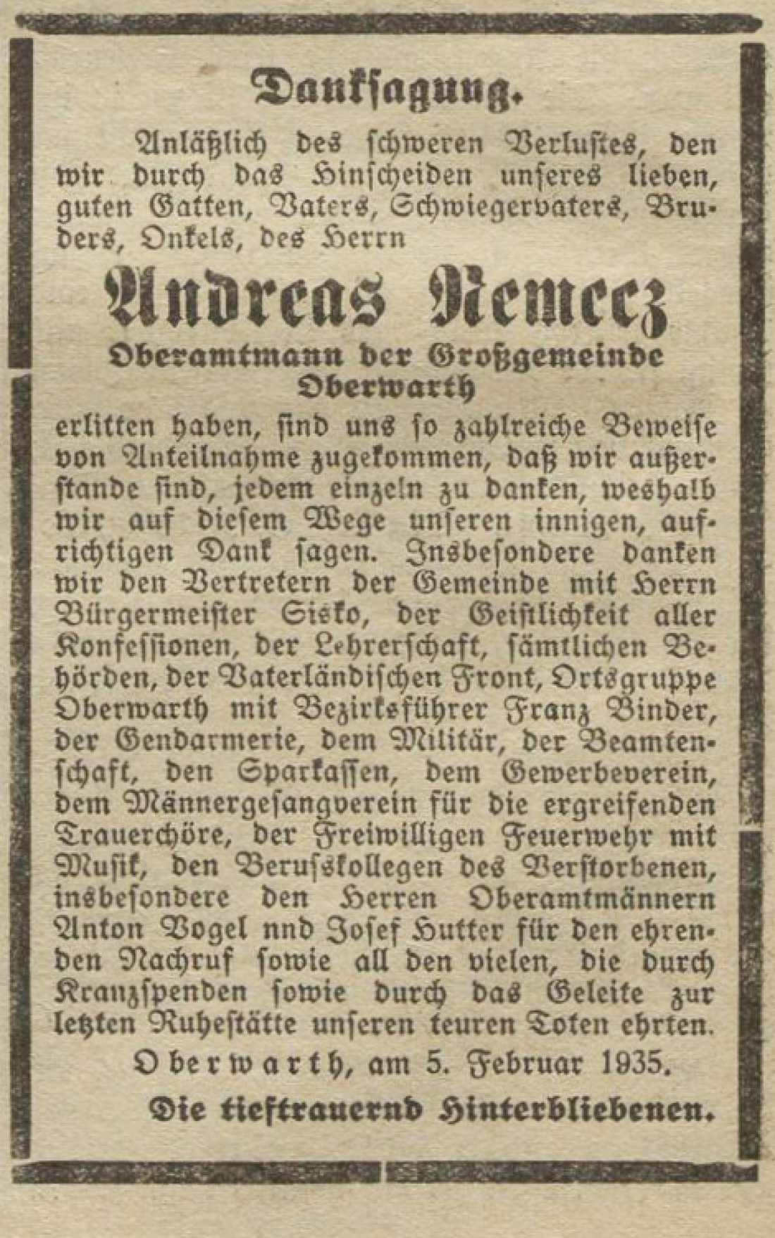 Danksagung vom 10. Feber 1935 anlässlich des Hinscheidens von Oberamtmann Andreas Nemecz (*1875/+1935)
