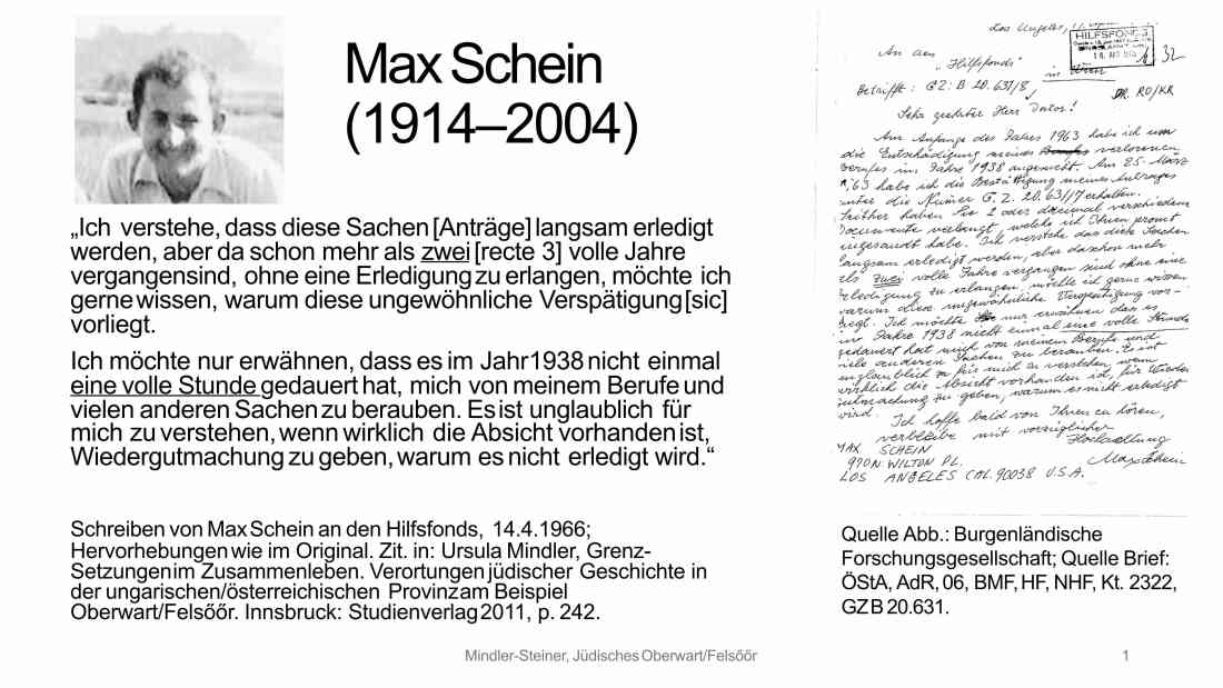 Jüdische Gemeinde: Schreiben von Max Schein (*1914/+2004) - der erste Oberwarter Holocaust-Überlebende, der zurückkehrte - an den Hilfsfonds der Republik Österreich