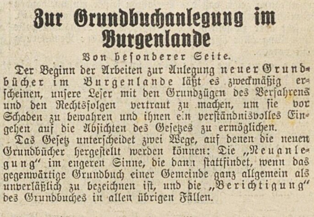 Bericht in der Zeitung "Der freie Burgenländer" vom 22. April 1928 über die Anlegung neuer Grundbücher und eine erforderliche Neuvermessung auch in Oberwarth