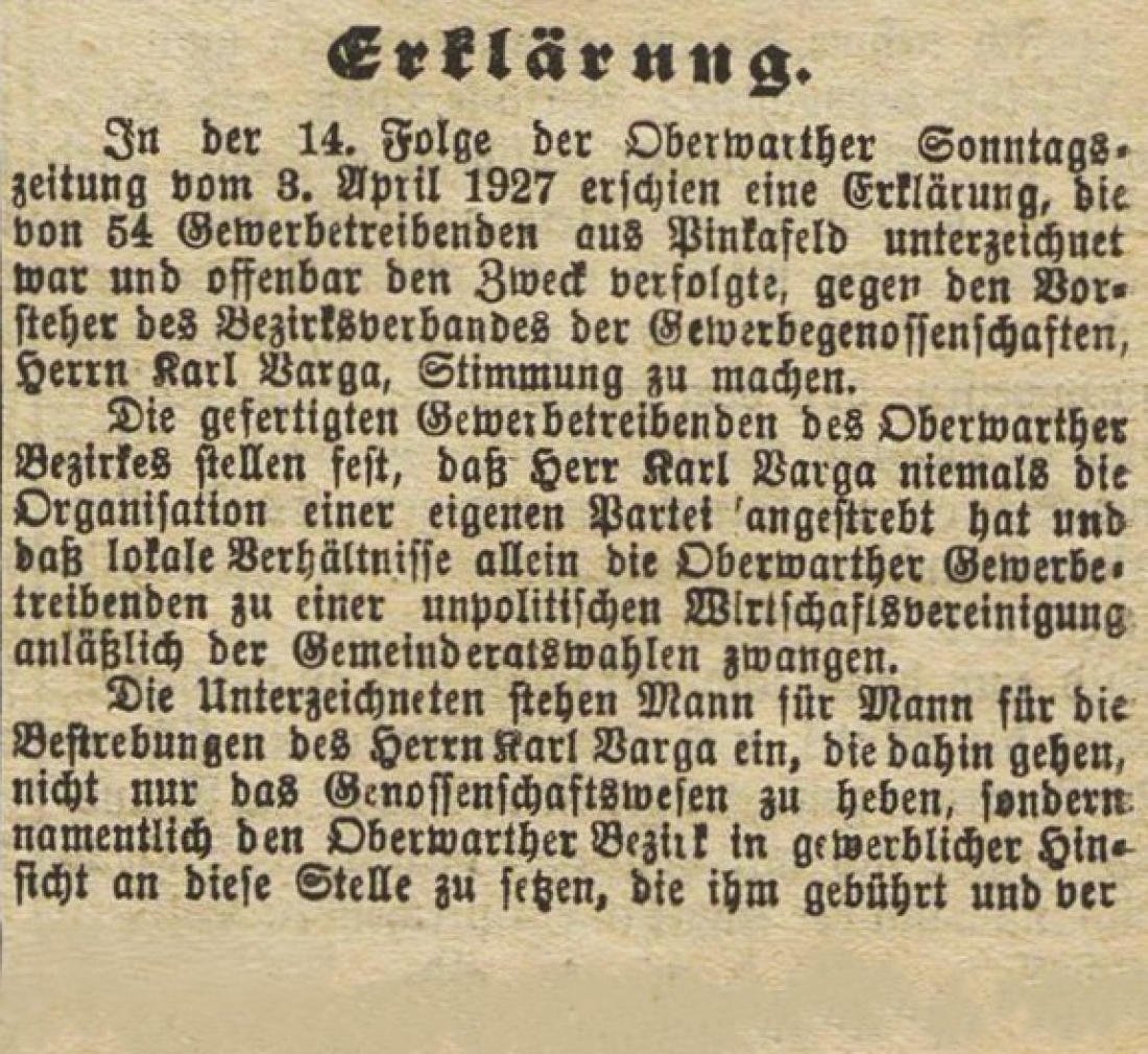 Oberwarther Sonntags-Zeitung vom 22. Mai 1927: Erklärung einer Unzahl von Oberwarther Gewerbetreibenden zum Angriff von 54 Pinkafelder Gewerbetreibenden gegen Herrn Karl Varga