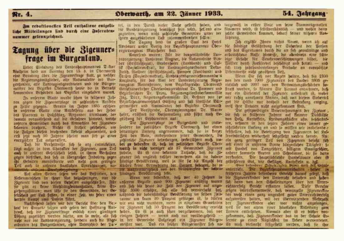 Roma - Zigeunerkonferenz: Artikel in der Oberwarther Sonntagszeitung vom 22. Jänner 1933 zur "Tagung über die Zigeunerfrage im Burgenland""