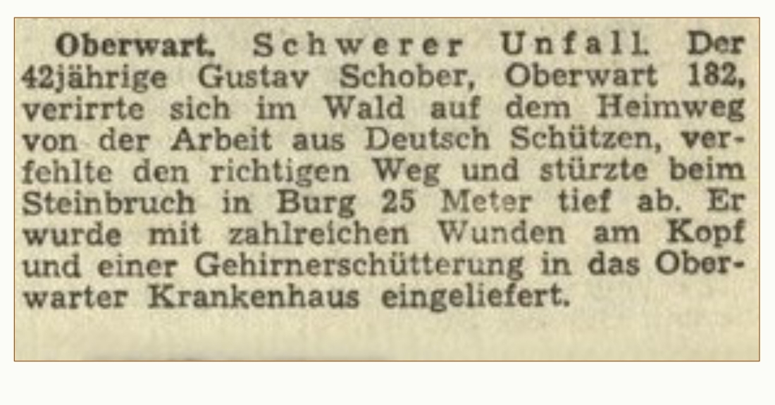 Bericht in der BF vom 21. jänner 1951: Schwerer Unfall von Gustav Schober (*1908/+1963)
