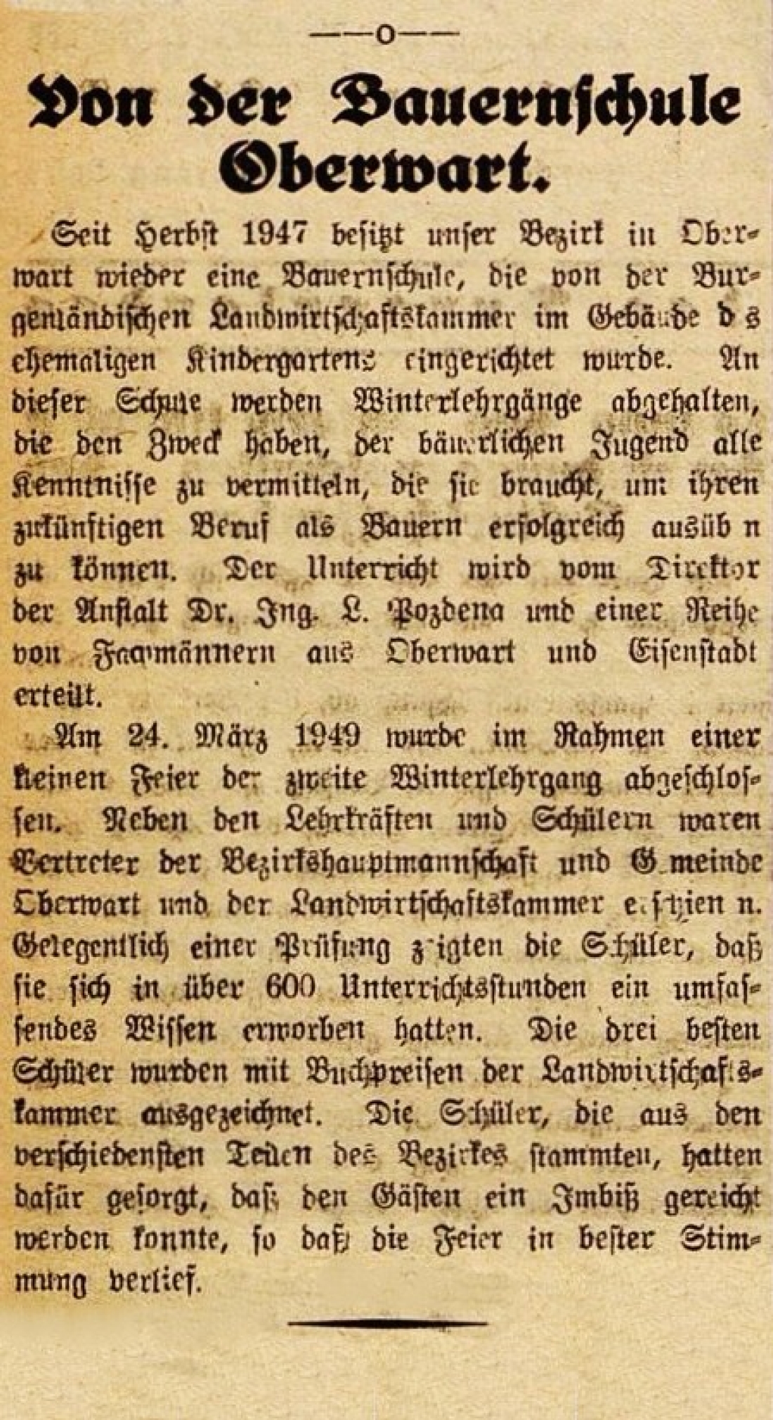 Oberwarther Sonntags-Zeitung vom 3. April 1949: Bauernschule in Oberwart