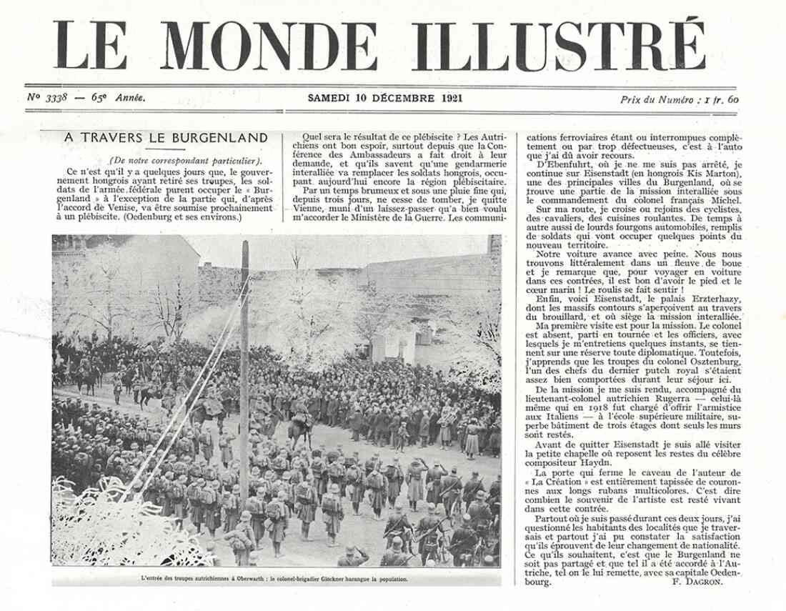 Österreichischen Truppen beenden die Episode des "Freischärlerstaats" Leithabanat (Lajtabánság ung. oder Leitha-Banschaft) nach dem I. Weltkrieg: Artikel im "Le Monde"