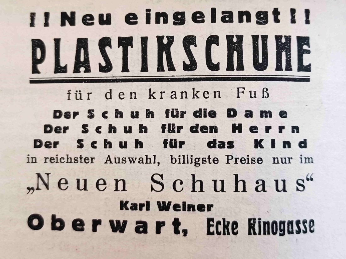 Inserat des Schuhauses Karl Weiner (Wienerstraße 18) in der Oberwarter Zeitung / OZ vom 21. Juni 1953