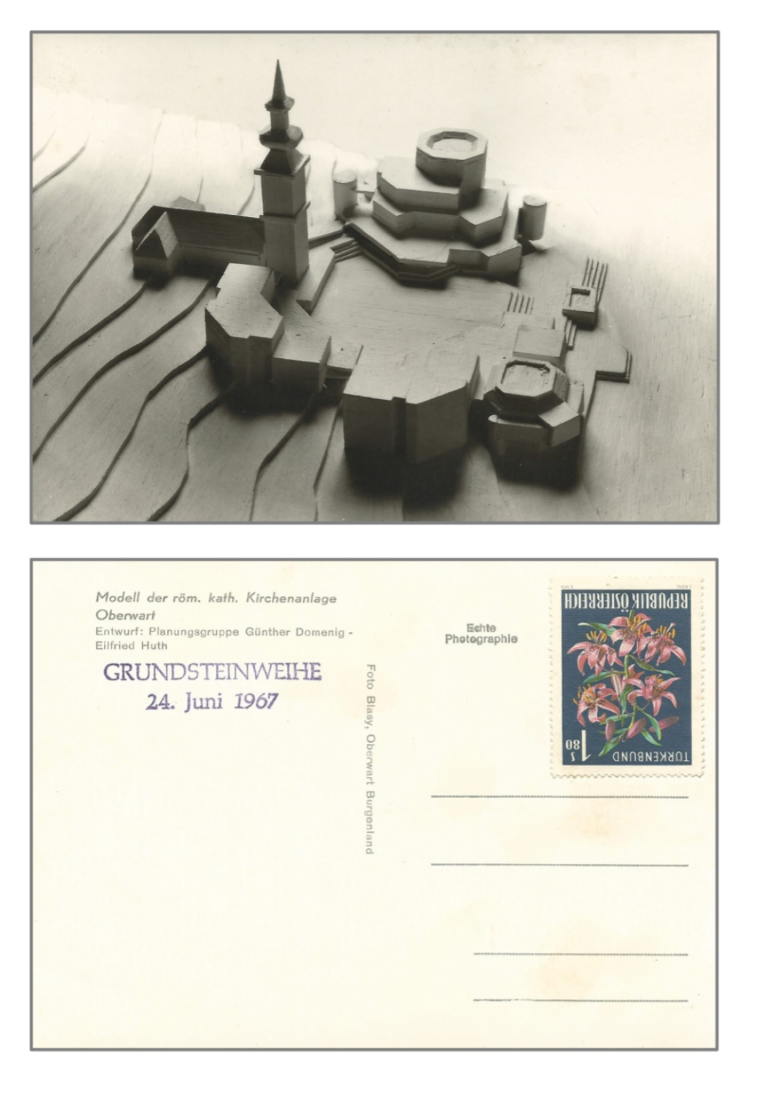 Ansichtskarte mit dem Modell der neuen röm. kath. Osterkirche anlässlich der Grundsteinweihe am 24. Juni 1967