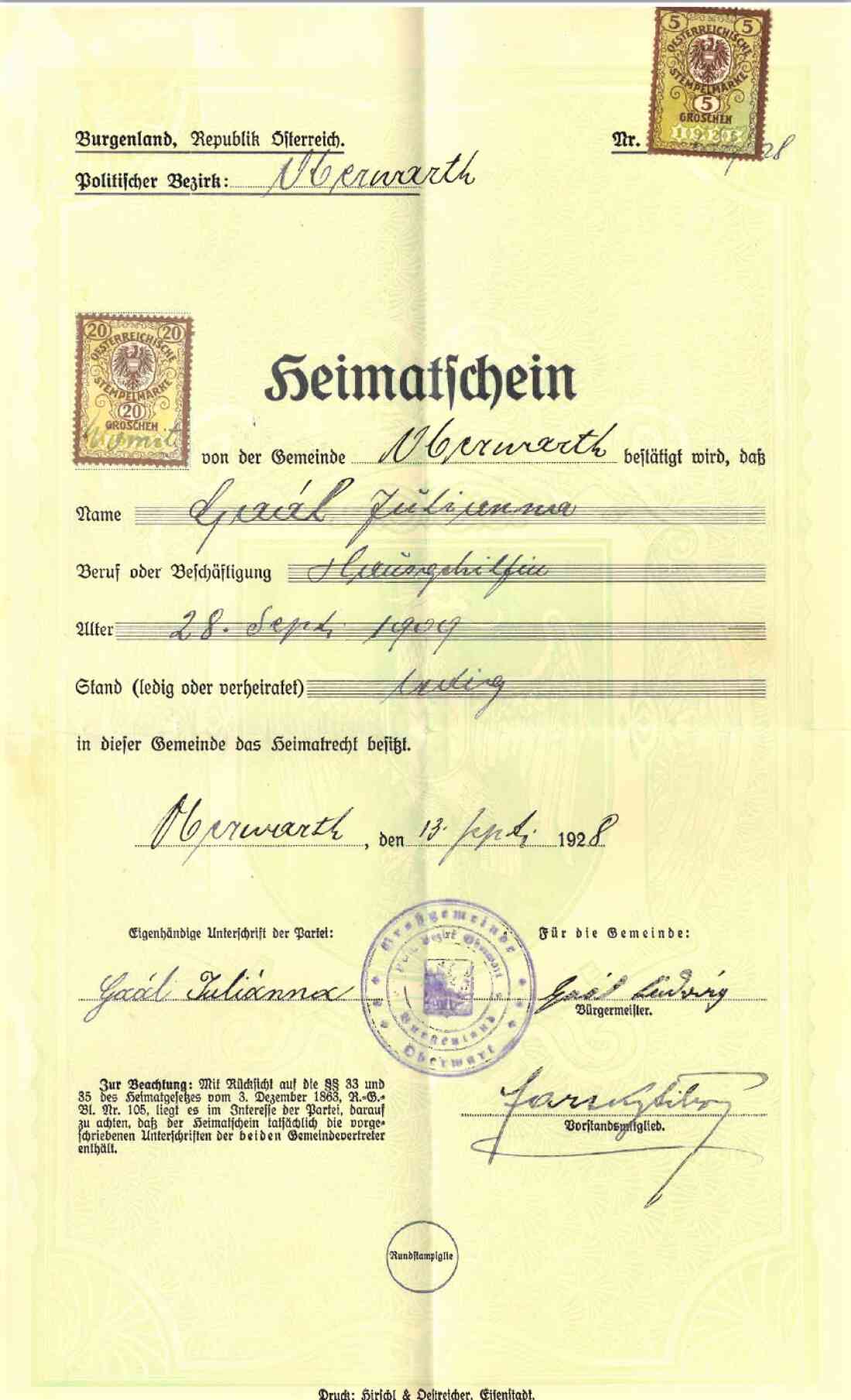 Heimatschein von Julianna Gaal, Hausgehilfin (*1909 /+1994)