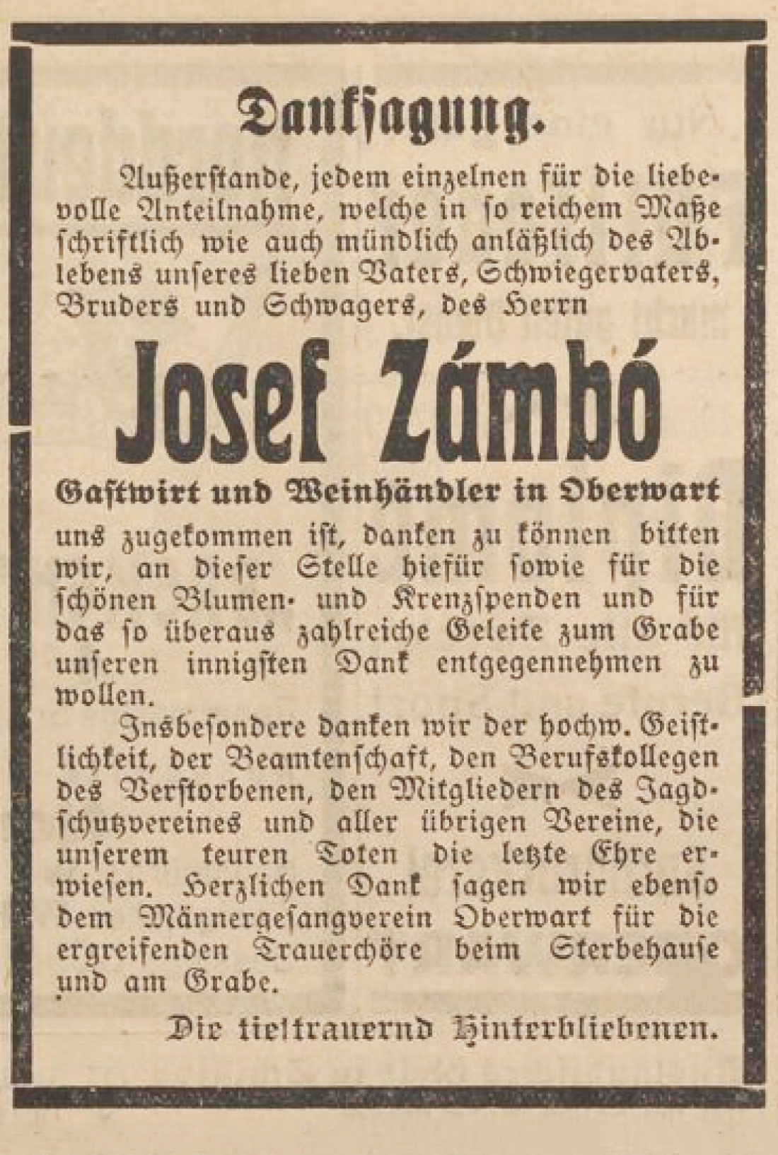 Danksagung in der Oberwarther Sonntags = Zeitung vom 21. Juni 1936 anlässlich des Ablebens von Weinhändler und Gastwirt Josef Zambo (*1872/+1936)