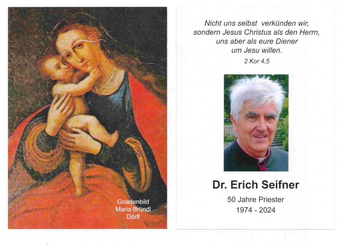 Gedenkkärtchen anlässlich des Priesterjubiläums von Pfr. Dr. Erich Seifner