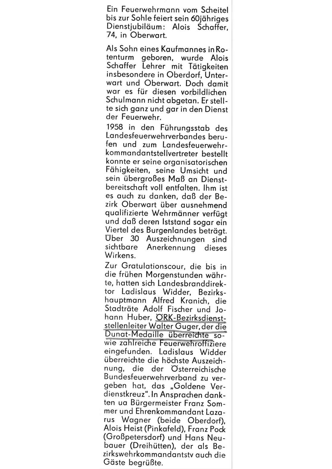 Rotes Kreuz: Artikel anlässlich der Überreichung der Henri Dunat Medaille an Dir. Alois Schaffer anlässlich seines 60-jährigen Dienstjubiläums als Feuerwehrmann