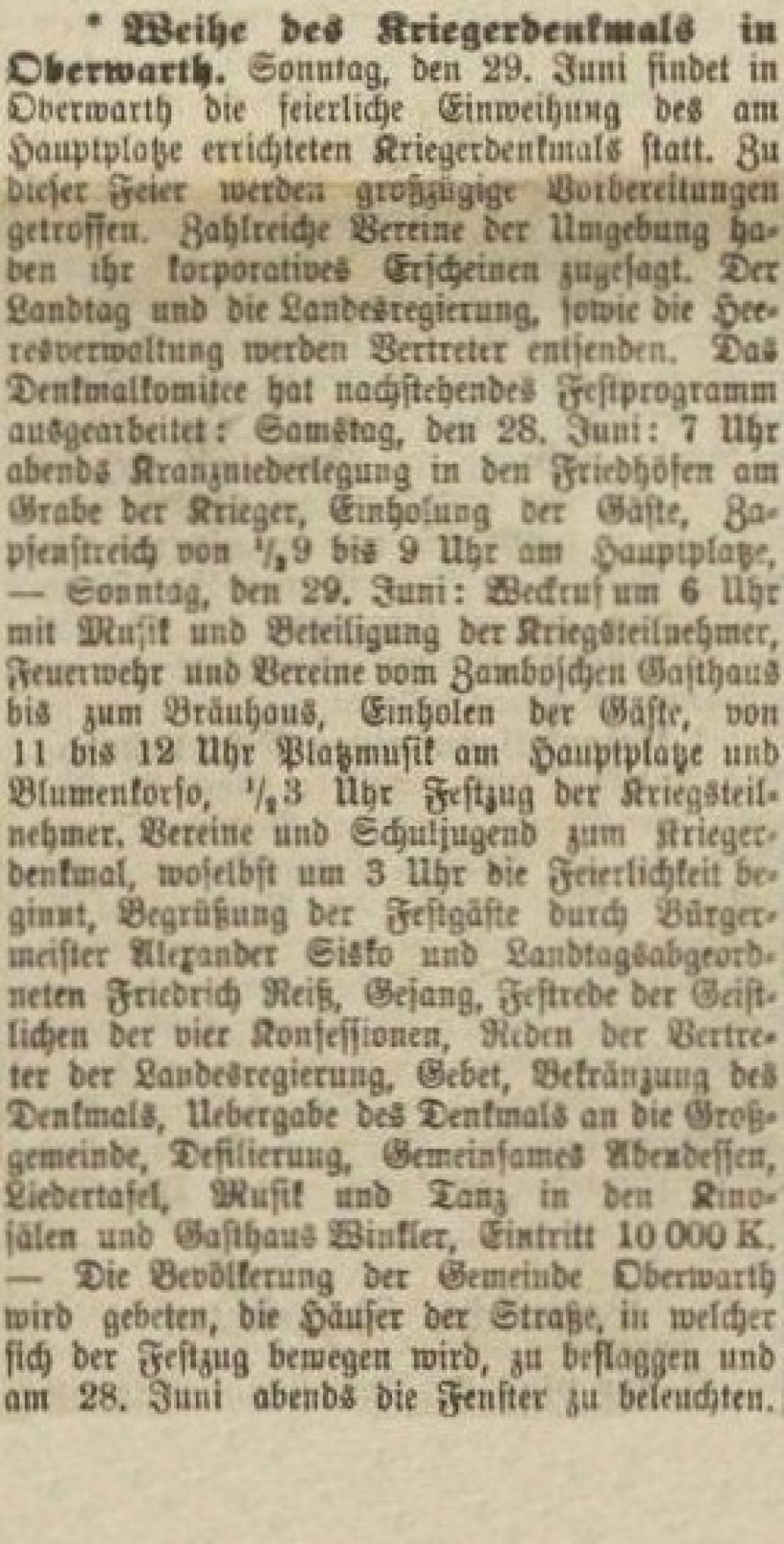 Oberwarther = Sonntagszeitung vom 22. Juni 1924: Ankündigung der Festlichkeiten zur Weihe des Kriegerdenkmals