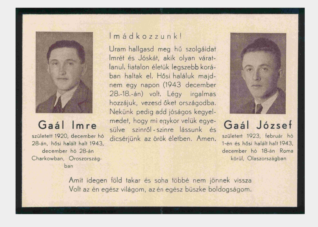 Erinnerungskärtchen an die zwei gefallenen Soldaten des II. WK und Söhne: Imre Gaal (*1920/+1943) und Jozsef Gaal (*1923/+1943) - OW 110 / Semmelweisgasse 6