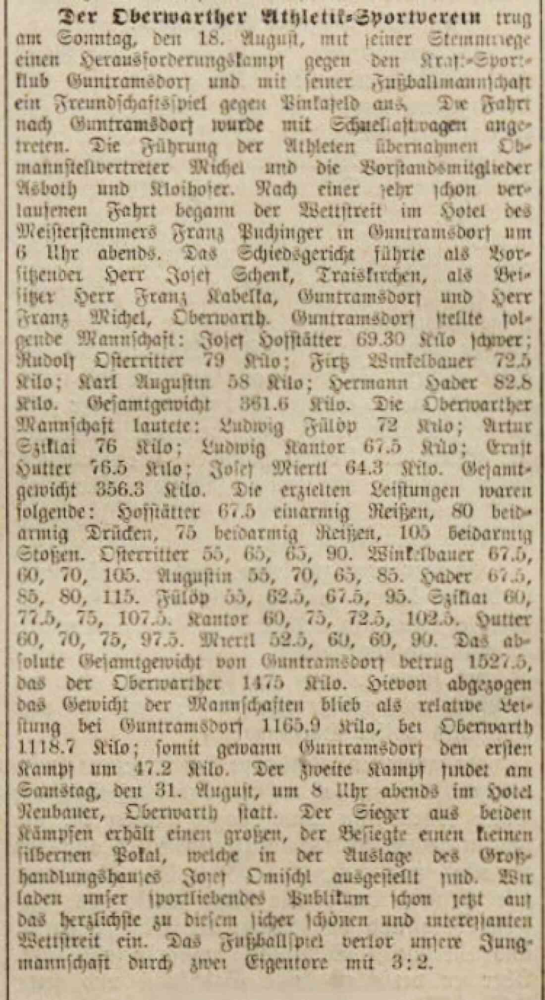 Bericht in der Oberwarther Sonntags = Zeitung vom 25. Aug. 1929 über einen Herausforderungskampf des Oberwarther-Athletik-Sportverein gegen den Kraft-Sportklub Guntramsdorf